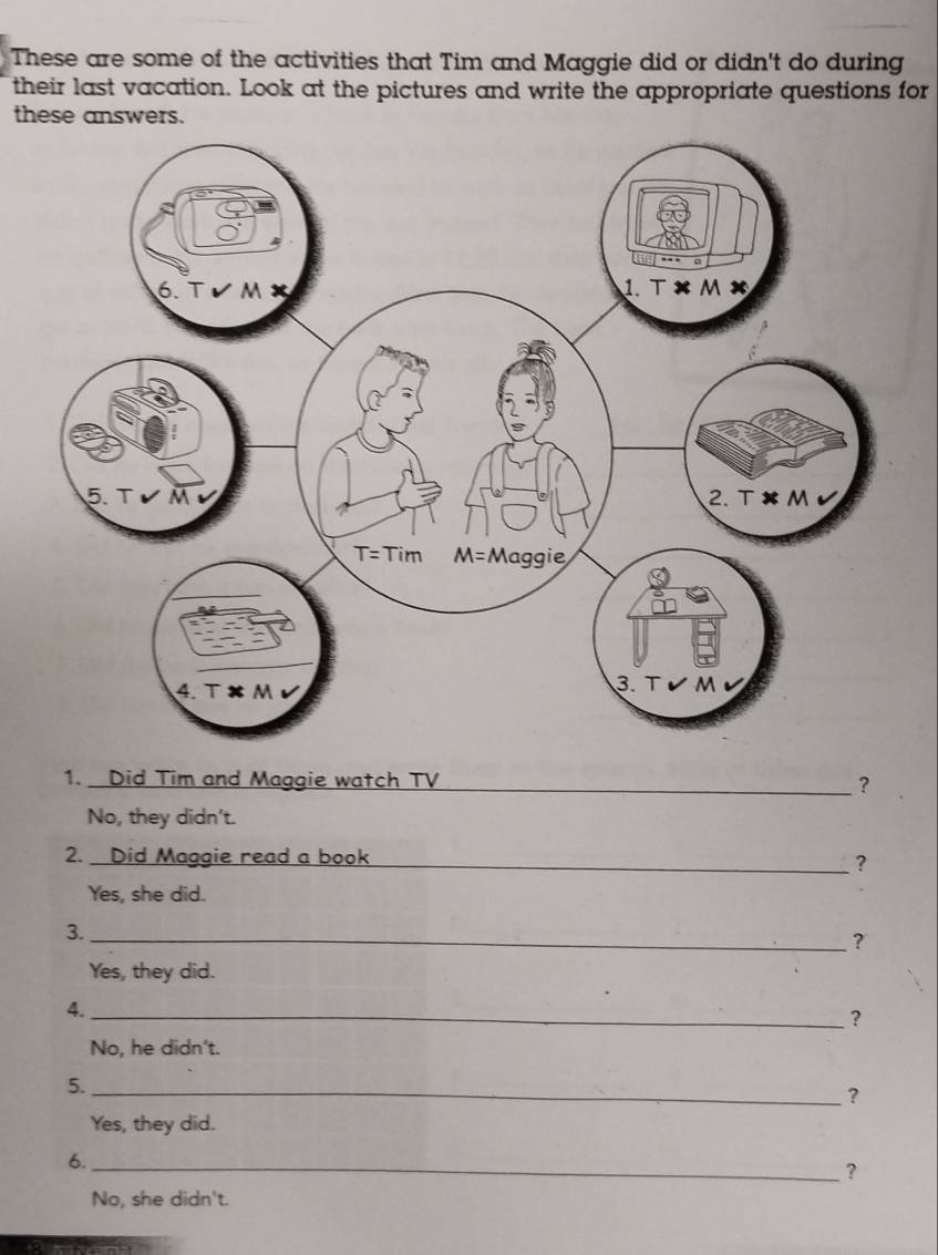 These are some of the activities that Tim and Maggie did or didn't do during
their last vacation. Look at the pictures and write the appropriate questions for
these answers.
1. Did Tim and Maggie watch TV _?
No, they didn't.
2. Did Maggie read a book _?
Yes, she did.
3.
_?
Yes, they did.
4.
_?
No, he didn't.
5.
_?
Yes, they did.
6.
_?
No, she didn't.