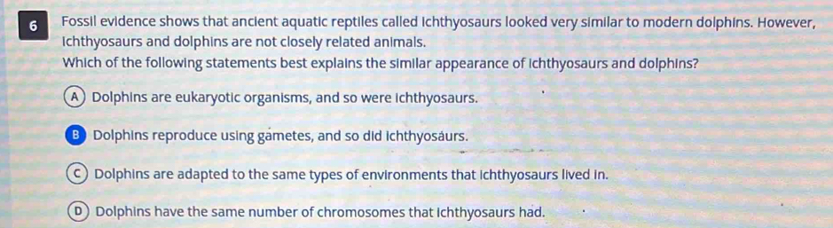 Fossil evidence shows that ancient aquatic reptiles called ichthyosaurs looked very similar to modern dolphins. However,
Ichthyosaurs and dolphins are not closely related animals.
Which of the following statements best explains the similar appearance of ichthyosaurs and dolphins?
A Dolphins are eukaryotic organisms, and so were ichthyosaurs.
B Dolphins reproduce using gametes, and so did ichthyosáurs.
Dolphins are adapted to the same types of environments that ichthyosaurs lived in.
D) Dolphins have the same number of chromosomes that Ichthyosaurs had.