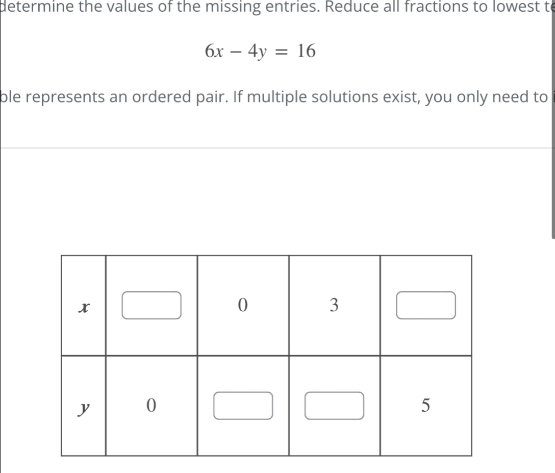 determine the values of the missing entries. Reduce all fractions to lowest to
6x-4y=16
ble represents an ordered pair. If multiple solutions exist, you only need to