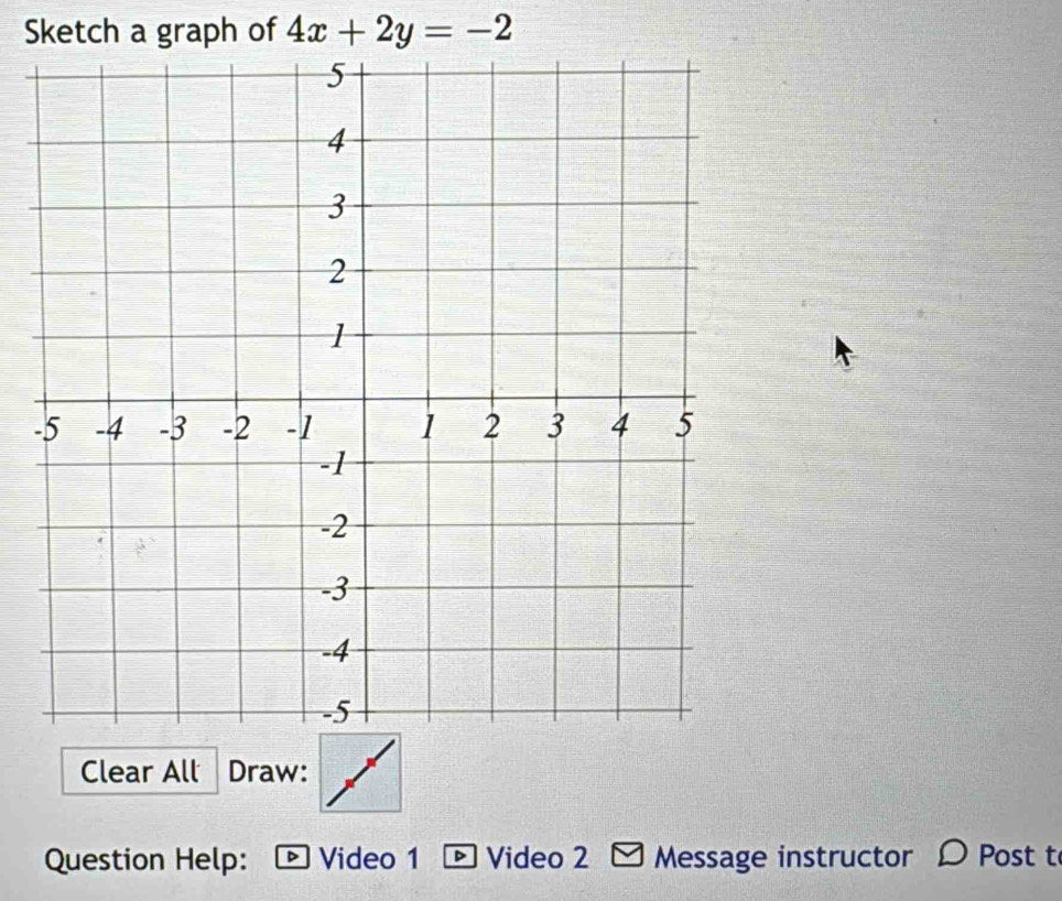 Sketch a graph of 4x+2y=-2
- 
Clear All Draw: 
Question Help: Video 1 Video 2 Message instructor Post t