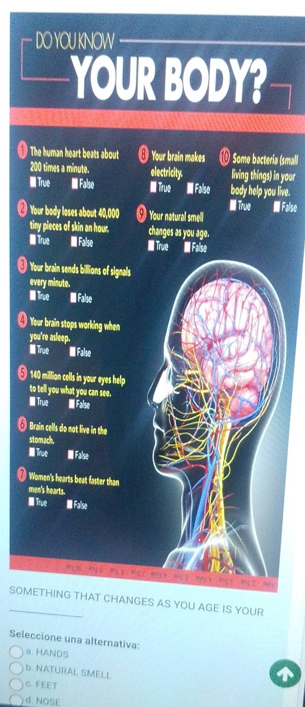 DOYOU KNOW
YOUR BODY?
a (small
in your
live.
False
2 
3 
❹ 
§ 
6 
_SOMAS YOU AGE IS YOUR
.
Seleccione una alternativa:
a. HANDS
b. NATURAL SMELL
c. FEET
d. NOSE
