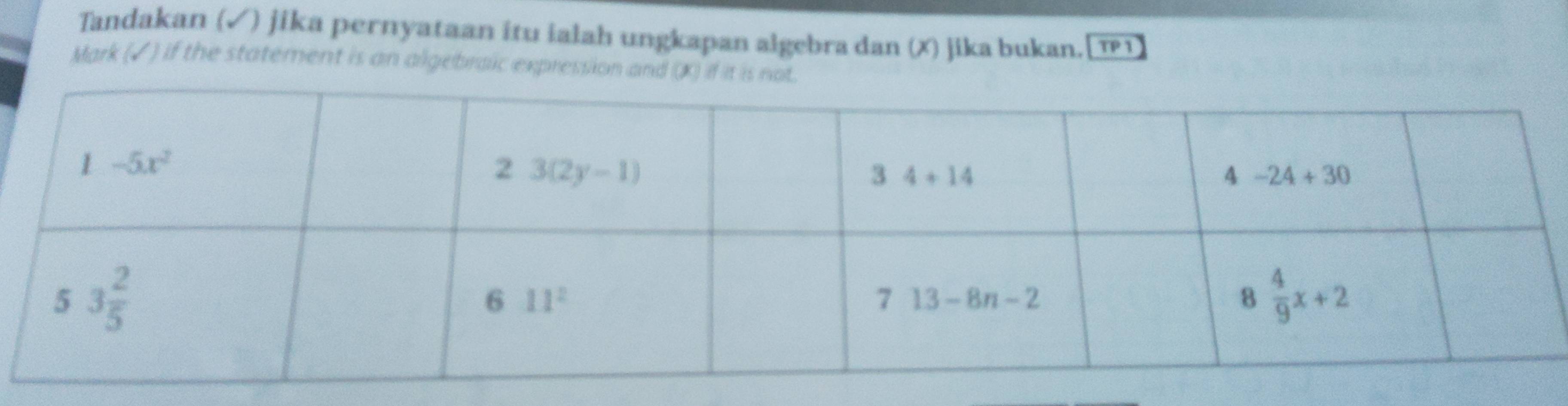 Tandakan (√) jika pernyataan itu ialah ungkapan algebra dan (X) jika bukan.[æ1]
Mark (✓) if the statement is an algebraic expression and (