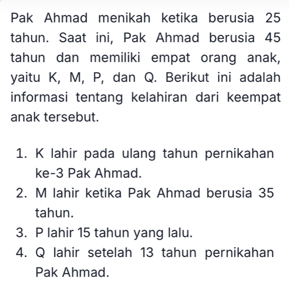 Pak Ahmad menikah ketika berusia 25
tahun. Saat ini, Pak Ahmad berusia 45
tahun dan memiliki empat orang anak, 
yaitu K, M, P, dan Q. Berikut ini adalah 
informasi tentang kelahiran dari keempat 
anak tersebut. 
1. K lahir pada ulang tahun pernikahan 
ke- 3 Pak Ahmad. 
2. M lahir ketika Pak Ahmad berusia 35
tahun. 
3. P lahir 15 tahun yang lalu. 
4. Q lahir setelah 13 tahun pernikahan 
Pak Ahmad.