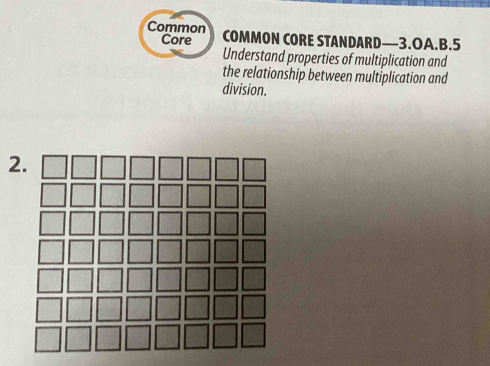 Common COMMON CORE STANDARD—3.OA.B.5 
Core 
Understand properties of multiplication and 
the relationship between multiplication and 
division. 
2