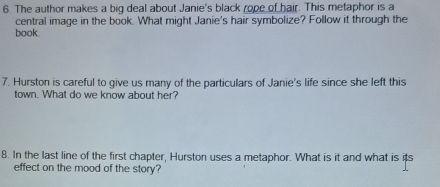 The author makes a big deal about Janie's black rope of hair. This metaphor is a 
central image in the book. What might Janie's hair symbolize? Follow it through the 
book. 
7. Hurston is careful to give us many of the particulars of Janie's life since she left this 
town. What do we know about her? 
8. In the last line of the first chapter, Hurston uses a metaphor. What is it and what is its 
effect on the mood of the story?