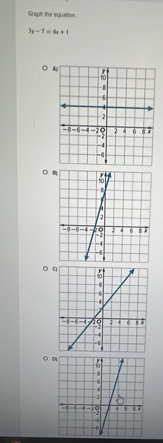 Graph the equation.
3y-7=4x+1
A 
B 
C 
D