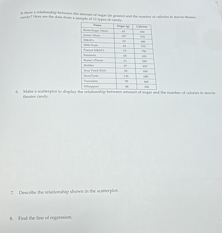 Is there a relationship between the amount of sugar (in grams) and the number of calories in movie-theater 
candy? Here are the data from a sample of 12 types 
6. Make a scatterplot to displaygar and the number of calories in movie- 
theater candy. 
7. Describe the relationship shown in the scatterplot. 
8. Find the line of regression.