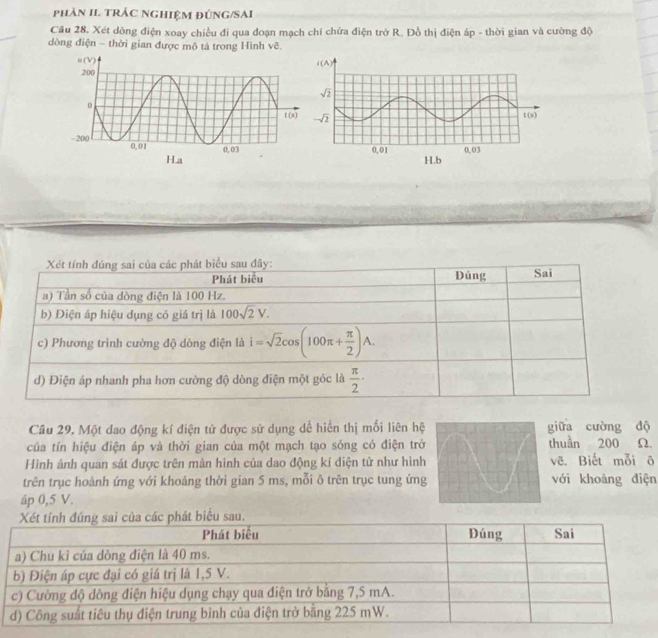 phảN II. TRÁC NGHIỆM ĐÚNG/SAI
Câu 28. Xét dòng điện xoay chiều đi qua đoạn mạch chỉ chứa điện trở R. Đồ thị điện áp - thời gian và cường độ
dòng điện - thời gian được mô tả trong Hình vẽ.
Câu 29, Một dao động kí điện tử được sử dụng dể hiển thị mối liên hệiữa cường dộ
của tín hiệu điện áp và thời gian của một mạch tạo sóng có điện trởthuần 200 Ω.
Hình ảnh quan sát được trên màn hình của dao động kí diện tử như hìnhvẽ. Biết mỗi ô
trên trục hoành ứng với khoảng thời gian 5 ms, mỗi ô trên trục tung ứngvới khoàng điện
áp 0,5 V.