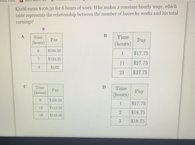 WebGL Player... 
Khalil earns $106.50 for 6 hours of work. If he makes a constant hourly wage, which 
table represents the relationship between the number of hours he works and his total 
earnings? 
B 
A 

C 
D