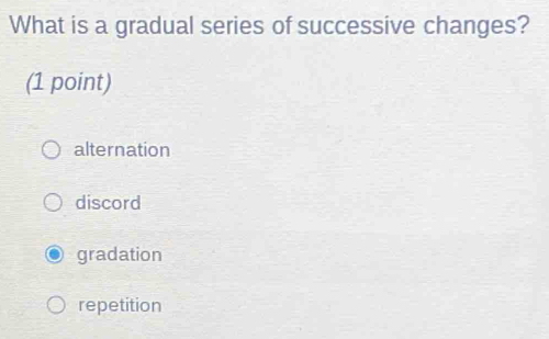 What is a gradual series of successive changes?
(1 point)
alternation
discord
gradation
repetition