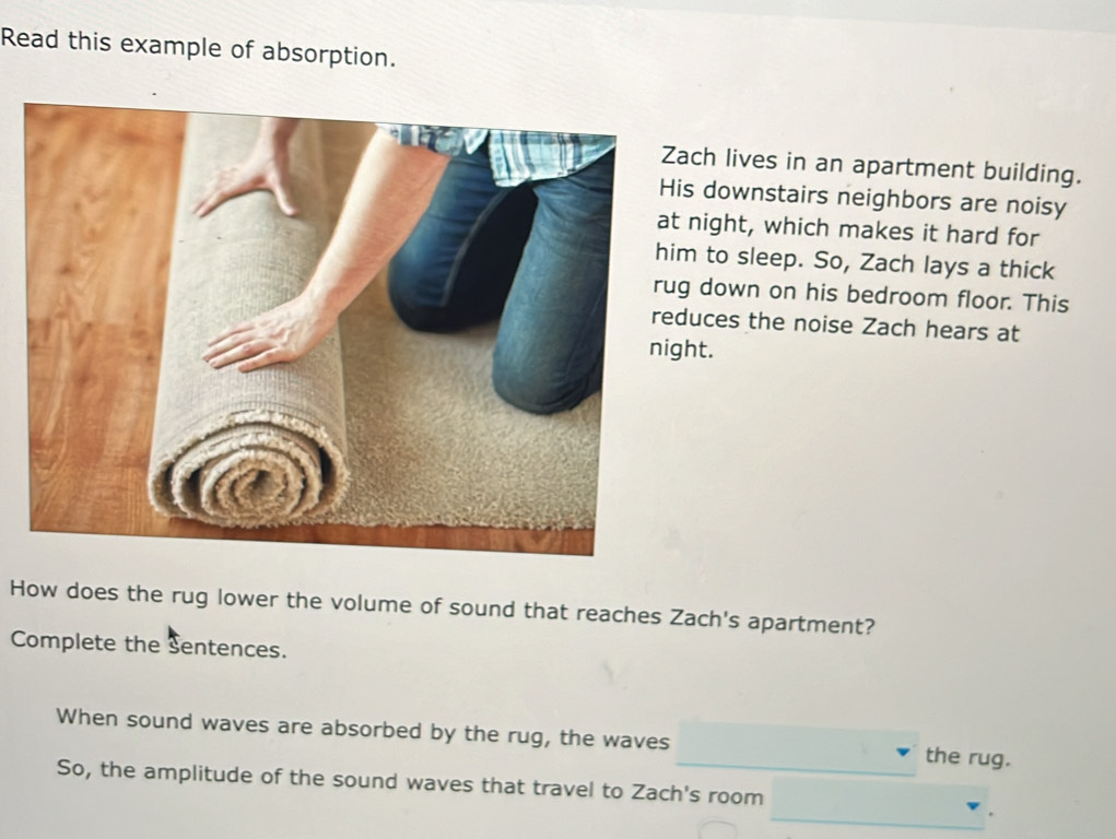 Read this example of absorption. 
Zach lives in an apartment building. 
His downstairs neighbors are noisy 
at night, which makes it hard for 
him to sleep. So, Zach lays a thick 
rug down on his bedroom floor. This 
reduces the noise Zach hears at 
night. 
How does the rug lower the volume of sound that reaches Zach's apartment? 
Complete the Sentences. 
When sound waves are absorbed by the rug, the waves the rug. 
So, the amplitude of the sound waves that travel to Zach's room