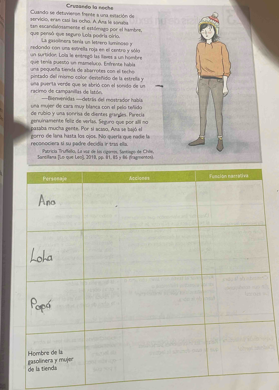 Cruzando la noche 
Cuando se detuvieron frente a una estación de 
servicio, eran casi las ocho. A Ana le sonaba 
tan escandalosamente el estómago por el hambre, 
que pensó que seguro Lola podría oírlo. 
La gasolinera tenía un letrero luminoso y 
redondo con una estrella roja en el centro y sólo 
un surtidor. Lola le entregó las llaves a un hombre 
que tenía puesto un mameluco. Enfrente había 
una pequeña tienda de abarrotes con el techo 
pintado del mismo color desteñido de la estrella y 
una puerta verde que se abrió con el sonido de un 
racimo de campanillas de latón. 
=Bienvenidas —detrás del mostrador había 
una mujer de cara muy blanca con el pelo teñido 
de rubio y una sonrisa de dientes grandes. Parecía 
genuinamente feliz de verlas. Seguro que por allí no 
pasaba mucha gente. Por si acaso, Ana se bajó el 
gorro de lana hasta los ojos. No quería que nadie la 
reconociera si su padre decidía ir tras ella. 
Patricia Truffello, Lø voz de las cigarrøs, Santiago de Chile, 
Santillana [Lo que Leo], 2018, pp. 81, 85 y 86 (fragmentos)