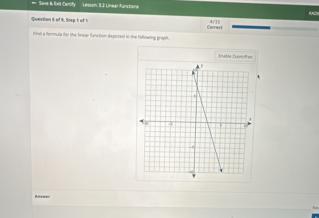 Save & Exit Certify Lesson: 3.2 Linear Functions KADE 
4/11 
Question 5 of 9, Step 1 of 1 Correct 
Find a formula for the linear function depicted in the following graph. 
Enable Zoom/Pan 
Answer 
Kev