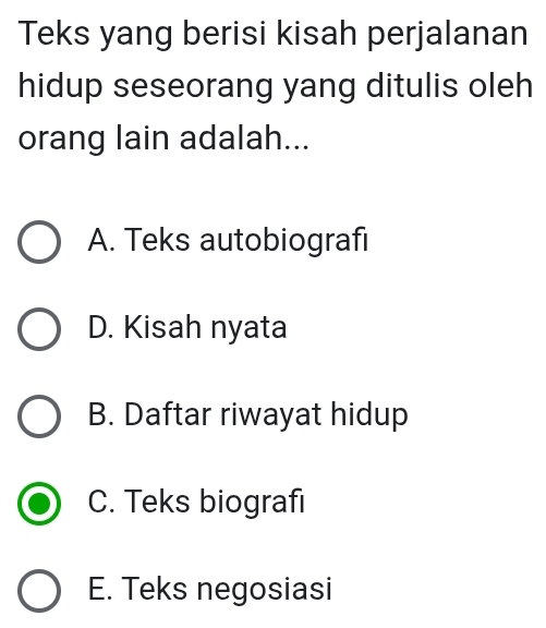 Teks yang berisi kisah perjalanan
hidup seseorang yang ditulis oleh
orang lain adalah...
A. Teks autobiografi
D. Kisah nyata
B. Daftar riwayat hidup
C. Teks biografi
E. Teks negosiasi