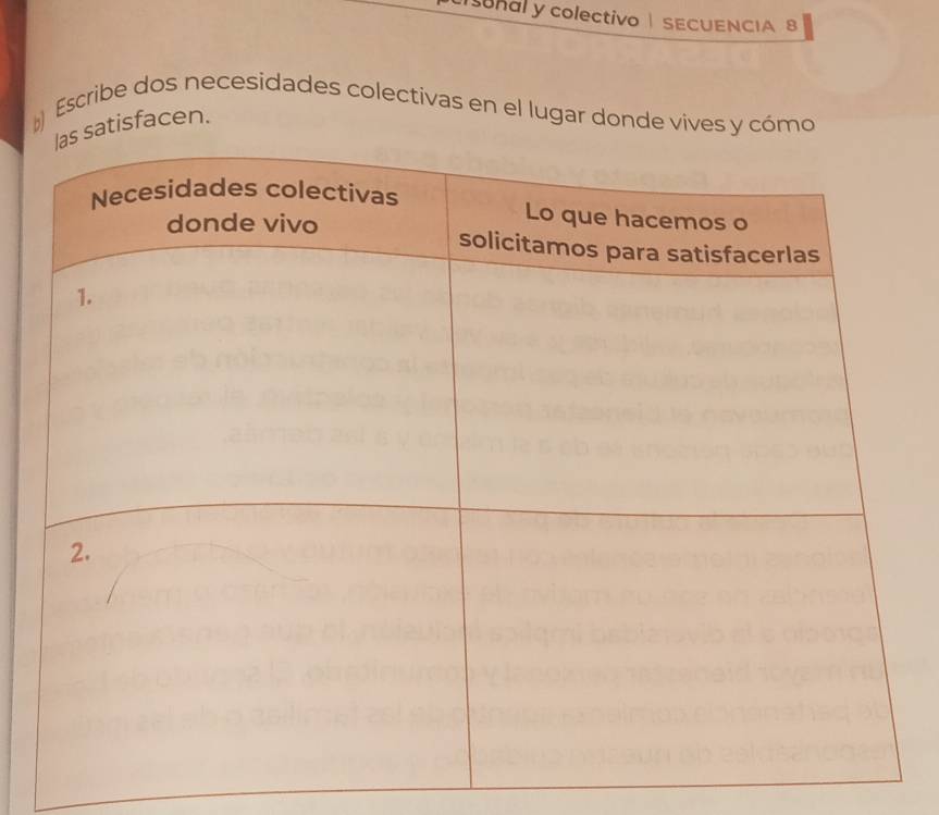 isonal y colectivo | SECUENCIA 8 
Escribe dos necesidades colectivas en el lugar donde vives y cómo 
atisfacen.