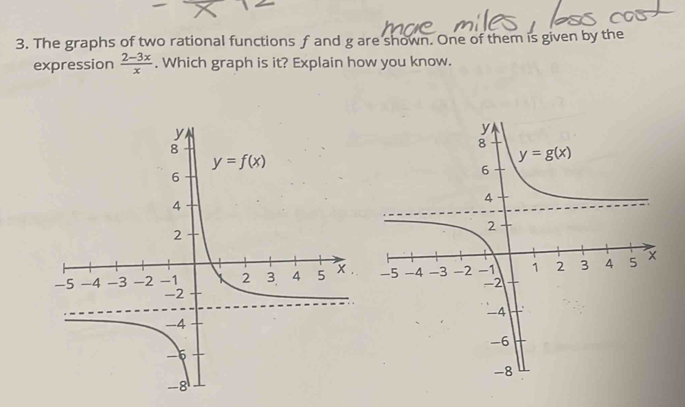 The graphs of two rational functions f and g are shown. One of them is given by the
expression  (2-3x)/x . Which graph is it? Explain how you know.