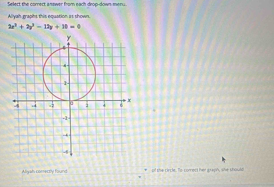 Select the correct answer from each drop-down menu. 
Allyah graphs this equation as shown.
2x^2+2y^2-12y+10=0
Aliyah correctly found of the circle. To correct her graph, she should