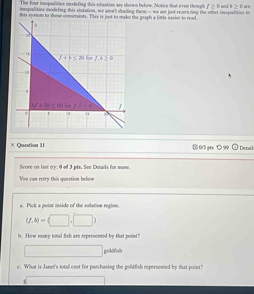 The four inequalities modeling this situation are shown below. Notice that even though f≥ 0 and b≥ 0 are
inequalities modeling this siutation, we aren't shading them -- we are just restricting the other inequalities in
this system to those constraints. This ishe graph a little easier to read.
× Question 11  0/3 pts つ 99 Detail
Score on last try: 0 of 3 pts. See Details for more.
You can retry this question below
a. Pick a point inside of the solution region.
(f,b)=(□ ,□ )
b. How many total fish are represented by that point?
□  goldfish
c. What is Janet's total cost for purchasing the goldfish represented by that point?
□