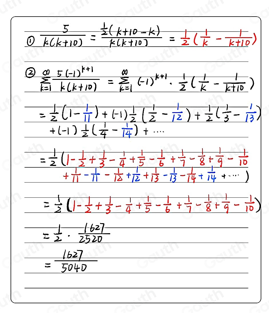 ①  5/k(k+10) =frac  1/2 (k+10-k)k(k+10)= 1/2 ( 1/k - 1/k+10 )
② sumlimits _(k=1)^(∈fty)frac 5(-1)^k+1k(k+10)=sumlimits _(k=1)^(∈fty)(-1)^k+1·  1/2 ( 1/k - 1/k+10 )
= 1/2 (1- 1/11 )+(-1) 1/2 ( 1/2 - 1/12 )+ 1/2 ( 1/3 - 1/13 )
+(-1) 1/2 ( 1/4 - 1/14 )+·s
= 1/2 (1- 1/2 + 1/3 - 1/4 + 1/5 - 1/6 + 1/7 - 1/8 + 1/9 - 1/10 
+ 1/11 - 1/11 - 1/12 + 1/12 + 1/13 - 1/13 - 1/14 + 1/14 +·s )
= 1/2 (1- 1/2 + 1/3 - 1/4 + 1/5 - 1/6 + 1/7 - 1/8 + 1/9 - 1/10 )
= 1/2 ·  1627/2520 
= 1627/5040 