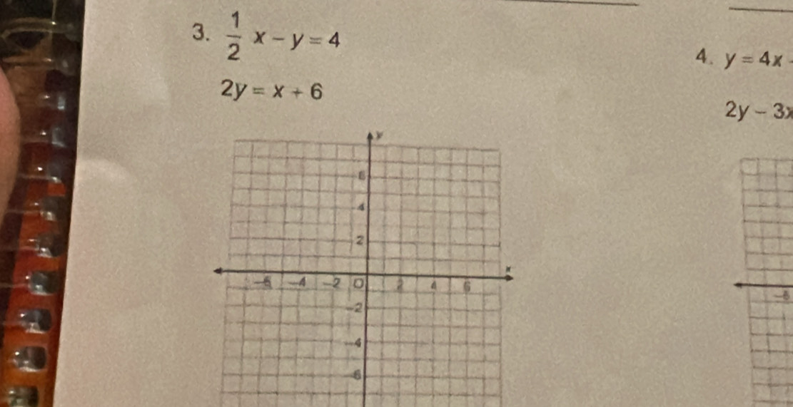  1/2 x-y=4
_ 
4. y=4x
2y=x+6
2y-3x
-8