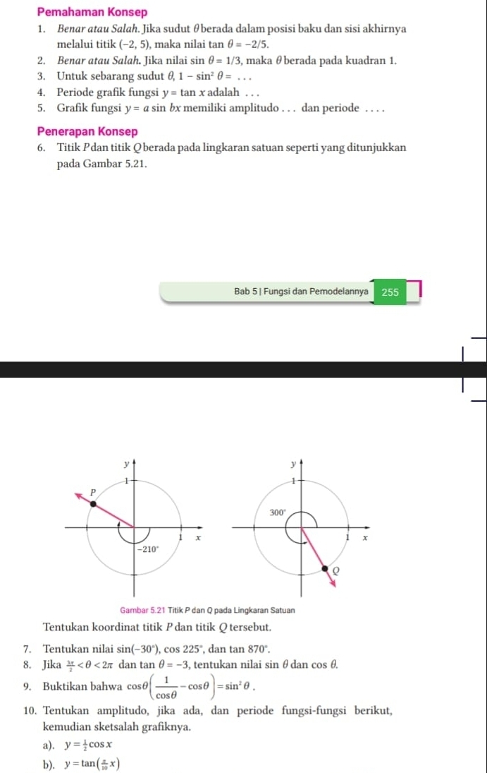 Pemahaman Konsep
1. Benar atau Salah. Jika sudut θberada dalam posisi baku dan sisi akhirnya
melalui titik (-2,5) , maka nilai tan θ =-2/5.
2. Benar atau Salah. Jika nilai sin θ =1/3 , maka θ berada pada kuadran 1.
3. Untuk sebarang sudut θ ,1-sin^2θ =...
4. Periode grafik fungsi y=tan x adalah . . .
5. Grafik fungsi y=asin bx memiliki amplitudo . . . dan periode . . . .
Penerapan Konsep
6. Titik Pdan titik Q berada pada lingkaran satuan seperti yang ditunjukkan
pada Gambar 5.21.
Bab 5 | Fungsi dan Pemodelannya 255
Gambar 5.21 Titik P dan Q pada Lingkaran Satuan
Tentukan koordinat titik P dan titik Q tersebut.
7. Tentukan nilai sin (-30°) , cOS 225° , dan tan 870°.
8. Jika  3π /2  <2π dan tan θ =-3 , tentukan nilai sin θ dan cos θ .
9. Buktikan bahwa cos θ ( 1/cos θ  -cos θ )=sin^2θ .
10. Tentukan amplitudo, jika ada, dan periode fungsi-fungsi berikut,
kemudian sketsalah grafiknya.
a). y= 1/2 cos x
b). y=tan ( π /10 x)