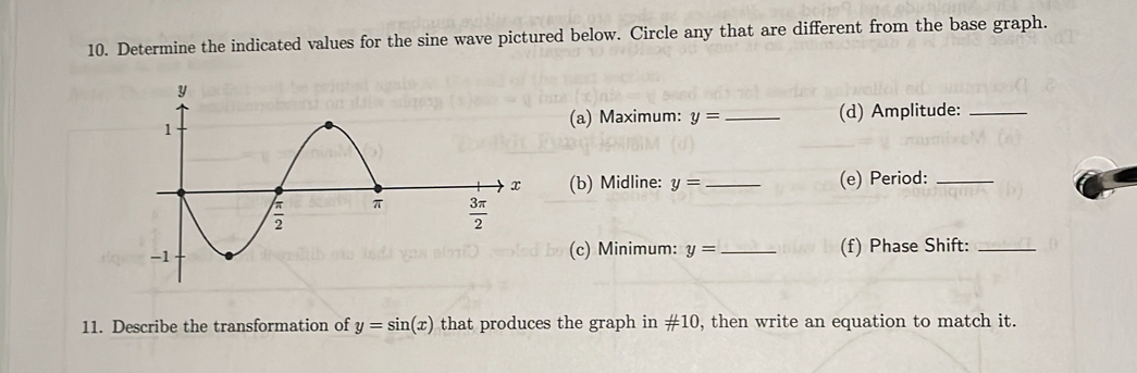 Determine the indicated values for the sine wave pictured below. Circle any that are different from the base graph.
(a) Maximum: y= _(d) Amplitude:_
(b) Midline: y= _ (e) Period:_
(c) Minimum: y= _(f) Phase Shift:_
11. Describe the transformation of y=sin (x) that produces the graph in # 10 , then write an equation to match it.