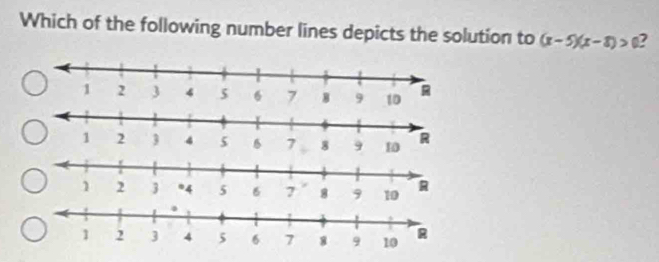 Which of the following number lines depicts the solution to (x-5)(x-8)>0
10
10