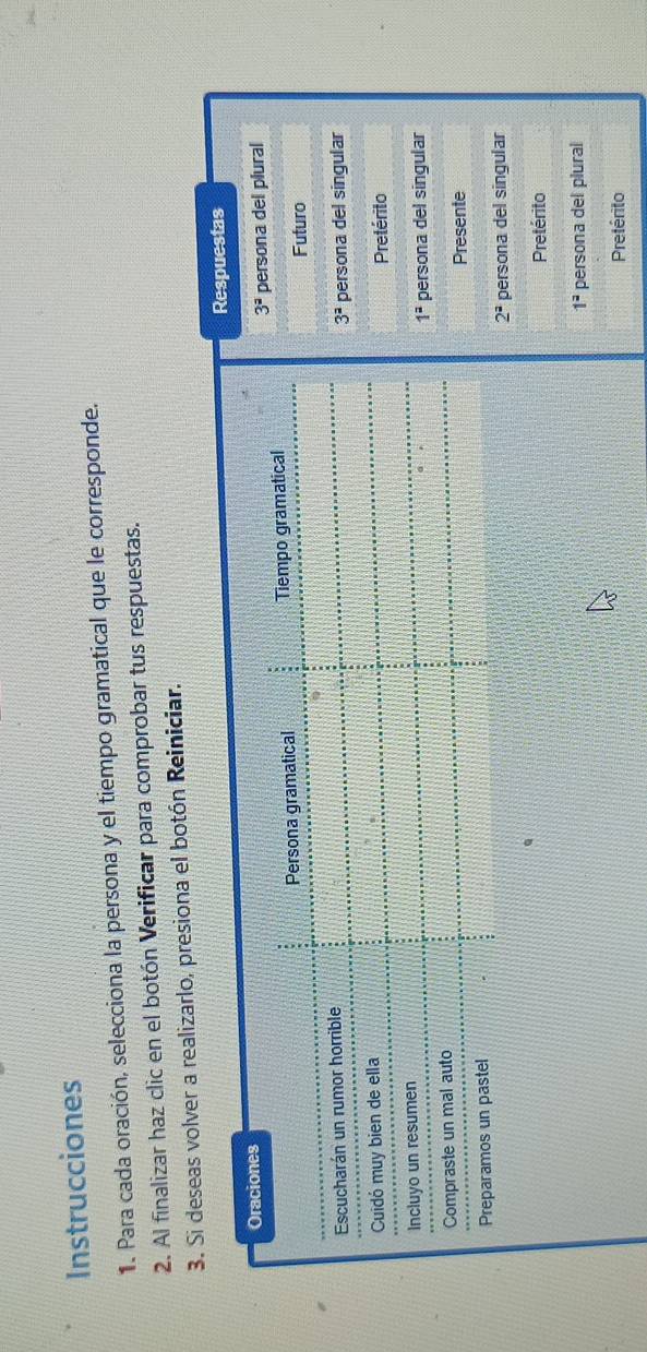 Instrucciones 
1. Para cada oración, selecciona la persona y el tiempo gramatical que le corresponde. 
2. Al finalizar haz clic en el botón Verificar para comprobar tus respuestas. 
3. Si deseas volver a realizarlo, presiona el botón Reiniciar. 
Respuestas 
Oraciones
3^a persona del plural 
Persona gramatical Tiempo gramatical 
Futuro 
Escucharán un rumor horrible
3^a
Cuidó muy bien de ella persona del singular 
Pretérito 
Incluyo un resumen
1^2
Compraste un mal auto persona del singular 
Preparamos un pastel Presente
2^a persona del singular 
Pretérito
1^2 persona del plural 
Pretérito