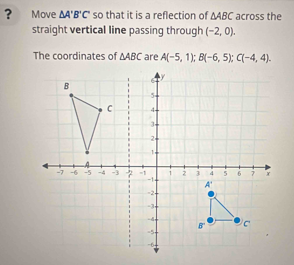 ? Move △ A'B'C' so that it is a reflection of △ ABC across the
straight vertical line passing through (-2,0).
The coordinates of △ ABC are A(-5,1);B(-6,5);C(-4,4).