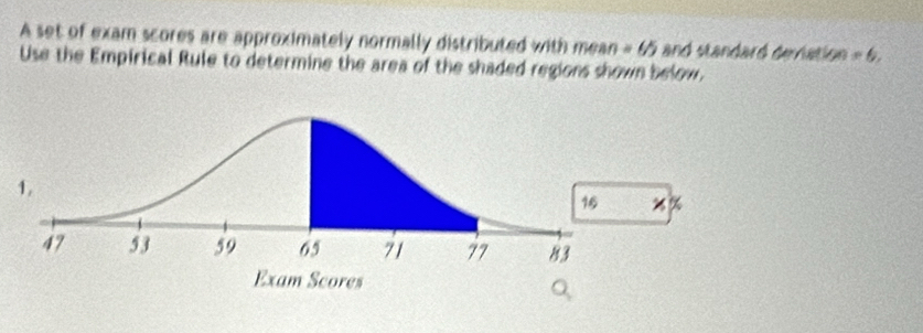 A set of exam scores are approximately normally distributed with mean =65 and standard deviation =6, 
Use the Empirical Rule to determine the area of the shaded regions shown below,