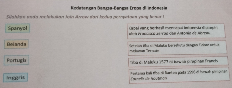 Kedatangan Bangsa-Bangsa Eropa di Indonesia
Silahkan anda melakukan Join Arrow dari kedua pernyataan yang benar !
Spanyol Kapal yang berhasil mencapai Indonesia dipimpin
oleh Francisco Serrão dan Antonio de Abreau.
Belanda Setelah tiba di Maluku bersekutu dengan Tidore untuk
melawan Ternate
Portugis
Tiba di Maluku 1577 di bawah pimpinan Francis
Inggris Pertama kali tiba di Banten pada 1596 di bawah pimpinan
Cornelis de Houtman