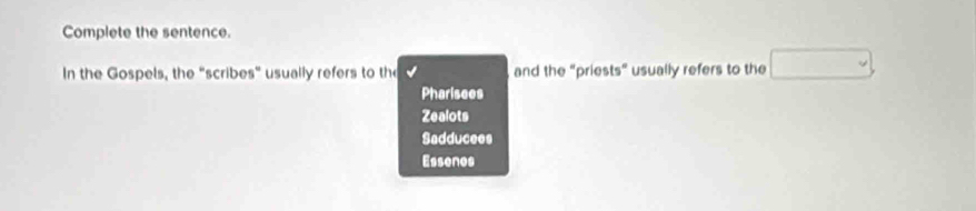 Complete the sentence.
In the Gospels, the “scribes” usually refers to the and the “priests” usually refers to the □
Pharisees
Zealots
Sadducees
Essenes