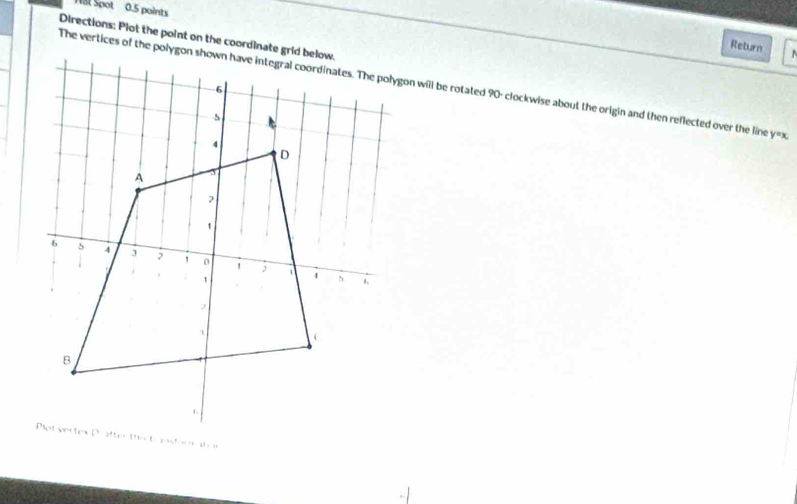 Nal Spot 0.5 points 
Directions: Plot the point on the coordinate grid below. 
Return 
The vertices of the polygon shown have integral coordinates. The polygon will be rotated 90 - clockwise about the origin and then reflected over the line y=x