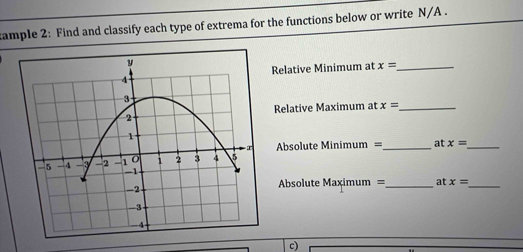 ample 2: Find and classify each type of extrema for the functions below or write N/A . 
Relative Minimum at x= _ 
Relative Maximum at x= _ 
Absolute Minimum =_ at x= _ 
Absolute Maximum =_ at x= _ 
c)