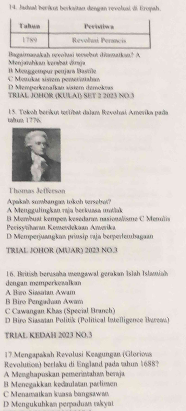 Jadual berikut berkaitan dengan revolusi di Eropah.
Bagaimanakah revolusi tersebut ditamatkan? A
Menjatuhkan kerabat diraja
B Menggempur penjara Bastile
C Menukar sístem pemerintahan
D Memperkenalkan sistem demokras
TRIAL JOHOR (KULAI) SET 2 2023 NO. 3
15. Tokoh beríkut terlibat dalam Revolusi Amerika pada
tahun 1776,
Thomas Jefferson
Apakah sumbangan tokoh tersebut?
A Menggulingkan raja berkuasa mutlak
B Membuat kempen kesedaran nasionalisme C Menulis
Perisytiharan Kemerdekaan Amerika
D Memperjuangkan prinsip raja berperlembagaan
TRIAL JOHOR (MUAR) 2023 NO.3
16. British berusaha mengawal gerakan Islah Islamiah
dengan memperkenalkan
A Biro Siasatan Awam
B Biro Pengaduan Awam
C Cawangan Khas (Special Branch)
D Biro Siasatan Politik (Political Intelligence Bureau)
TRIAL KEDAH 2023 NO.3
17.Mengapakah Revolusi Keagungan (Glorious
Revolution) berlaku di England pada tahun 1688?
A Menghapuskan pemerintahan beraja
B Menegakkan kedaulatan parlimen
C Menamatkan kuasa bangsawan
D Mengukuhkan perpaduan rakyat