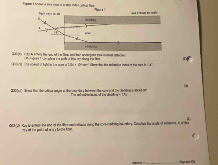 Figure 1 shows a side view of a step index optical fibre. 
Q33(b) Ray A enters the end of the fibre and then undergoes total internal reflection. 
On Figure 1 complete the path of this ray along the fibre. 
Q33(ci) The speed of light in the core is 2.04* 10^4ms^(-1). Show that the refractive index of the core is 1.47. 
(2) 
Q33(cii) Show that the critical angle at the boundary between the core and the cladding is about 80°. 
The refractive index of the claddin g=1.45
(2) 
Q33(d) Ray B enters the end of the fibre and refracts along the core-cladding boundary. Calculate the angle of incidence, θ, of this 
ray at the point of entry to the fibre. 
answer =_ degrees (3)