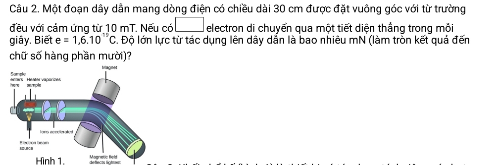 Một đoạn dây dẫn mang dòng điện có chiều dài 30 cm được đặt vuông góc với từ trường 
đều với cảm ứng từ 10 mT. Nếu có □ electron di chuyển qua một tiết diện thẳng trong mỗi 
giây. Biết e=1,6.10^(-19)C. Độ lớn lực từ tác dụng lên dây dẫn là bao nhiêu mN (làm tròn kết quả đến 
chữ số hàng phần mười)? 
Hình 1. deflects lightest