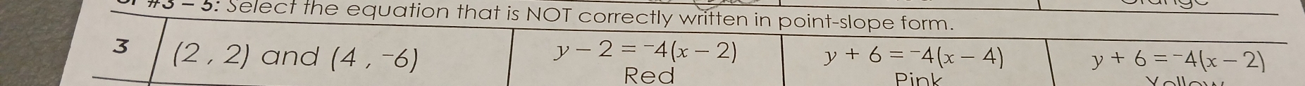 Select the equation that is NOT correctly written in point-slope form.
y-2=-4(x-2)
3 (2,2) and (4,-6) y+6=-4(x-4) y+6=-4(x-2)
Red Pink