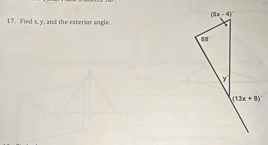 Find x, y, and the exterior angle.