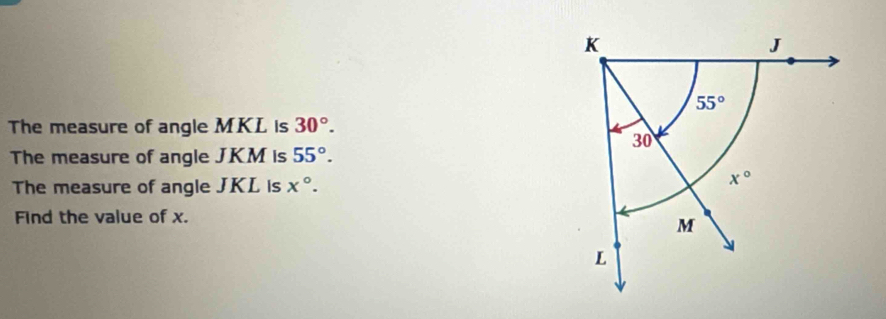 The measure of angle MKL is 30°.
The measure of angle JKM is 55°.
The measure of angle JKL is x°.
Find the value of x.