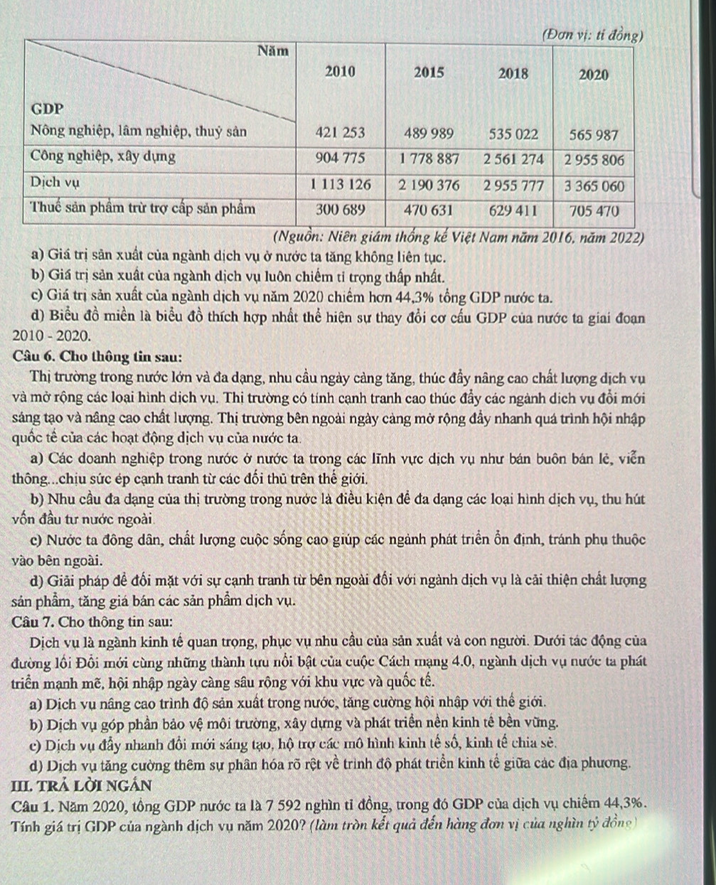 (Nguồn: Niên giám thống kế Việt Nam năm 2016, năm 2022)
a) Giá trị sản xuất của ngành dịch vụ ở nước ta tăng không liên tục.
b) Giá trị sản xuất của ngành dịch vụ luôn chiếm tỉ trọng thấp nhất.
c) Giá trị sản xuất của ngành dịch vụ năm 2020 chiếm hơn 44,3% tổng GDP nước ta.
d) Biểu đồ miền là biểu đồ thích hợp nhất thể hiện sự thay đổi cơ cấu GDP của nước ta giai đoan
2010 - 2020.
Câu 6. Cho thông tin sau:
Thị trường trong nước lớn và đa dạng, nhu cầu ngày càng tăng, thúc đầy nâng cao chất lượng dịch vụ
và mở rộng các loại hình dịch vụ. Thị trường có tính cạnh tranh cao thúc đầy các ngành dịch vụ đổi mới
sáng tạo và nâng cao chất lượng. Thị trường bên ngoài ngày càng mở rộng đầy nhanh quá trình hội nhập
quốc tế của các hoạt động dịch vụ của nước ta.
a) Các doanh nghiệp trong nước ở nước ta trong các lĩnh vực dịch vụ như bán buôn bán lẻ, viễn
thông..chịu sức ép cạnh tranh từ các đối thủ trên thế giới.
b) Nhu cầu đa dạng của thị trường trong nước là điều kiện để đa dạng các loại hình dịch vụ, thu hút
vốn đầu tư nước ngoài
c) Nước ta đông dân, chất lượng cuộc sống cao giúp các ngảnh phát triển ổn định, tránh phụ thuộc
vào bên ngoài.
d) Giải pháp để đối mặt với sự cạnh tranh từ bên ngoài đổi với ngành dịch vụ là cải thiện chất lượng
sản phẩm, tăng giá bán các sản phẩm dịch vụ.
Câu 7. Cho thông tin sau:
Dịch vụ là ngành kinh tế quan trọng, phục vụ nhu cầu của sản xuất và con người. Dưới tác động của
đường lối Đổi mới cùng những thành tựu nổi bật của cuộc Cách mạng 4.0, ngành dịch vụ nước ta phát
triển mạnh mẽ, hội nhập ngày càng sâu rộng với khu vực và quốc tế.
a) Dịch vụ nâng cao trình độ sản xuất trong nước, tăng cường hội nhập với thể giới.
b) Dịch vụ góp phần bảo vệ môi trường, xây dựng và phát triển nền kinh tế bền vừng.
c) Dịch vụ đẩy nhanh đổi mới sáng tạo, hộ trợ các mô hình kinh tế số, kinh tế chia sẻ.
d) Dịch vụ tăng cường thêm sự phân hóa rõ rệt về trình độ phát triển kinh tế giữa các địa phương.
III. tRả Lời nGÁn
Câu 1. Năm 2020, tồng GDP nước ta là 7 592 nghìn tỉ đồng, trong đó GDP của dịch vụ chiếm 44,3%.
Tính giá trị GDP của ngành dịch vụ năm 2020? (làm tròn kết quả đến hàng đơn vị của nghìn tỷ đồng)