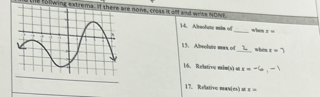 the follwing extrema. If there are none, cross it off and write NONE. 
14. Absolute min of_ when x=
15. Absolute max of_ when x=3
16. Relative min(s) at
x=
17. Relative max(es) at x=