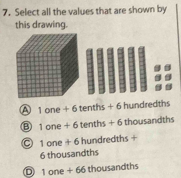 Select all the values that are shown by
this drawing.
A 1one+6 tenths + 6 hundredths
B 1one+6 6 tenth s+6 thousandths
○ 1 O∩ ( e + 6 hundredths +
6 thousandths
D 1one+66 thousandths