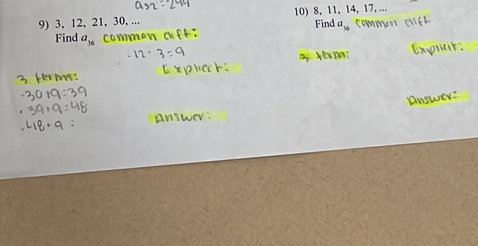 3, 12, 21, 30, ... 10) 8, 11, 14, 17, ... 
Find a_36
Find a_36