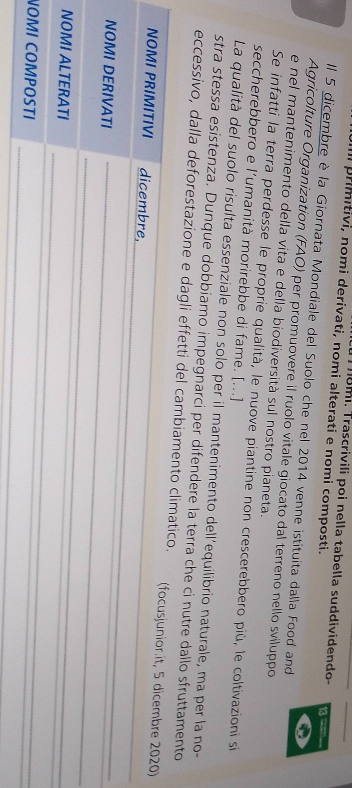 ll8mi. Trascrivili poi nella tabella suddividendo- _13 
Il primitivi, nomi derivati, nomi alterati e nomi composti. 
Il 5 dicembre è la Giornata Mondiale del Suolo che nel 2014 venne istituita dalla Food and 
Agricolture Organization (FAO) per promuovere il ruolo vitale giocato dal terreno nello sviluppo 
e nel mantenimento della vita e della biodiversità sul nostro pianeta. 
Se infatti la terra perdesse le proprie qualità, le nuove piantine non crescerebbero più, le coltivazioni si 
seccherebbero e l’umanità morirebbe di fame. [...] 
La qualità del suolo risulta essenziale non solo per il mantenimento dell'equilibrio naturale, ma per la no- 
stra stessa esistenza. Dunque dobbiamo impegnarci per difendere la terra che ci nutre dallo sfruttamento 
eccessivo, dalla deforestazione e dagli effetti del cambiamento climatico. (focusjunior.it, 5 dicembre 2020) 
NOMI PRIMITIVI dicembre, 
NOMI DERIVATI_ 
_ 
_ 
_ 
_ 
NOMI ALTERATI 
_ 
_ 
_ 
NOMI COMPOSTI 
_ 
_