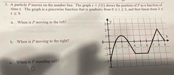 A particle P moves on the number line. The graph s=f(t) shows the position of P as a function of 
time t. The graph is a piecewise function that is quadratic from 0≤ t≤ 3 , and then linear from 3≤
t≤ 9. 
a. When is P moving to the left? 
b. When is P moving to the right? 
e. When is P standing still?