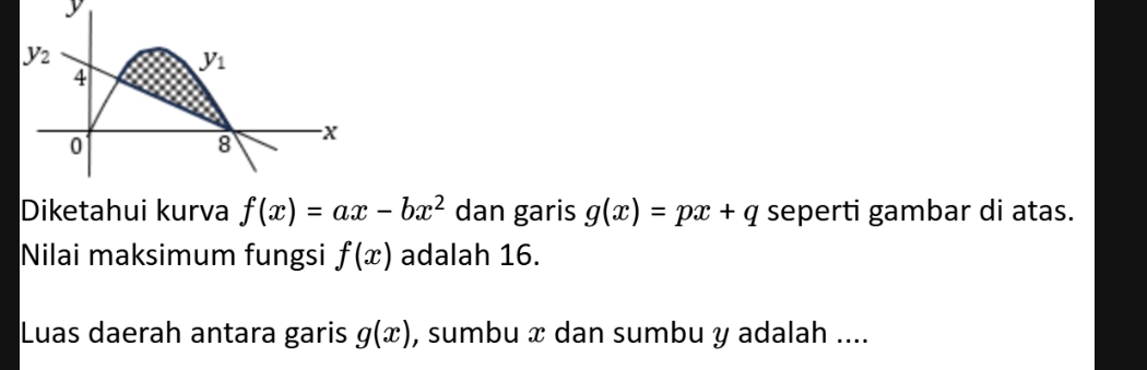 y
y_2
y_1
4
0
8 X
Diketahui kurva f(x)=ax-bx^2 dan garis g(x)=px+q seperti gambar di atas. 
Nilai maksimum fungsi f(x) adalah 16. 
Luas daerah antara garis g(x) , sumbu x dan sumbu y adalah ....