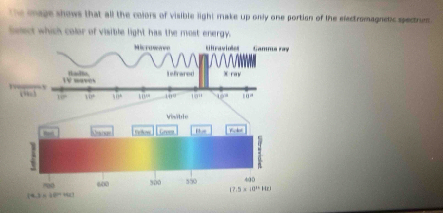 the enage shows that all the colors of visible light make up only one portion of the electromagnetic spectrum .
Select which color of visible light has the most energy.
Microwave Ultraviolet Gamma ray
taile, Infrared (ray
TV waves
rvusqooy y
(102) 10° 10° 10° 10^(19) 10° 10^(11) 10^(18) 10^(18)