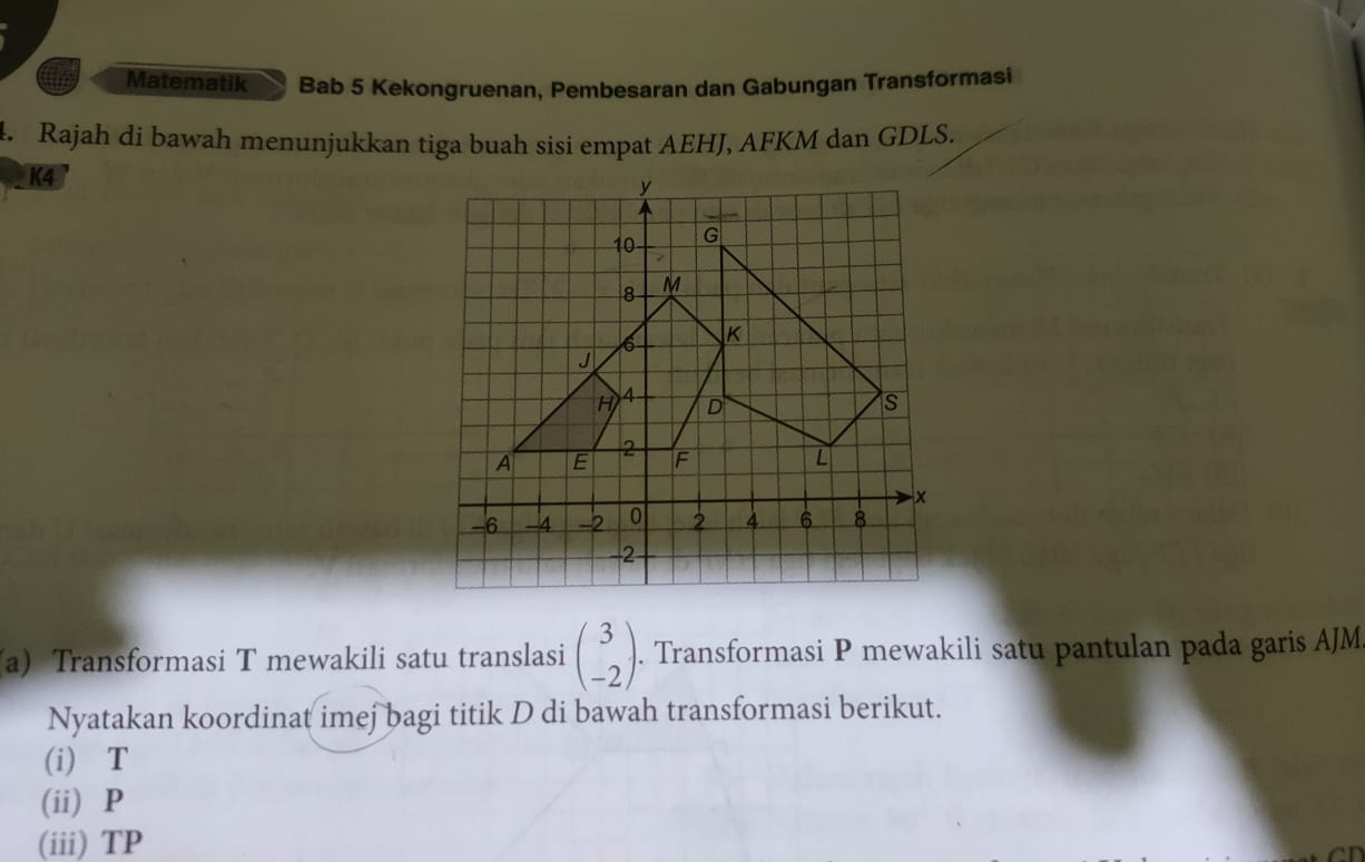 Matematik Bab 5 Kekongruenan, Pembesaran dan Gabungan Transformasi 
4. Rajah di bawah menunjukkan tiga buah sisi empat AEHJ, AFKM dan GDLS. 
K4 
a) Transformasi T mewakili satu translasi beginpmatrix 3 -2endpmatrix. Transformasi P mewakili satu pantulan pada garis AJM. 
Nyatakan koordinat imej bagi titik D di bawah transformasi berikut. 
(i) T
(ii) P
(iii) TP