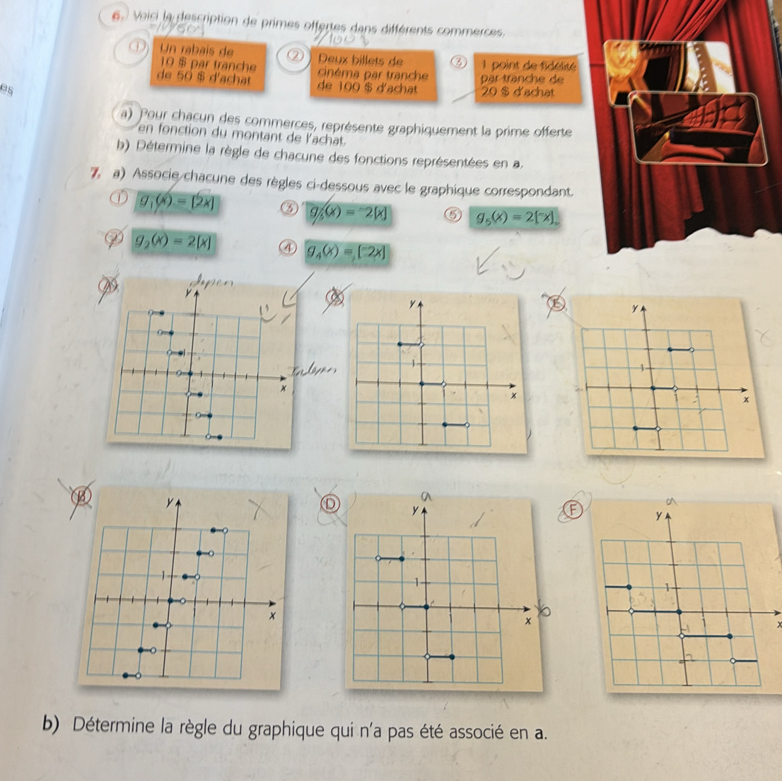 Voici la description de primes offertes dans différents commerces. 
Un rabais de ② Deyx billets de a l point de fidélité
10 $ par tranche cinéma par tranche par tranche de 
de 50 $ d'achat de 100 $ d'achat 
es 20 $ d'achat 
a) Pour chacun des commerces, représente graphiquement la prime offerte 
en fonction du montant de lachat. 
b) Détermine la règle de chacune des fonctions représentées en a. 
7 a) Associe/chacune des règles ci-dessous avec le graphique correspondant
g_1(x)=[2x]
g_/(x5(x)=-2[x] 6 g_5(x)=2[xendbmatrix _=
g_2(x)=2[x] ④ g_4(x)=[-2x]
y
M
1
x
y
D
a
y
F
1
1
x
a
x
b) Détermine la règle du graphique qui n'a pas été associé en a.